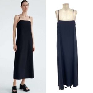 ZARA Limited Edition Straight Neck Strappy Midi Slip Dress Dark Navy Size Medium
